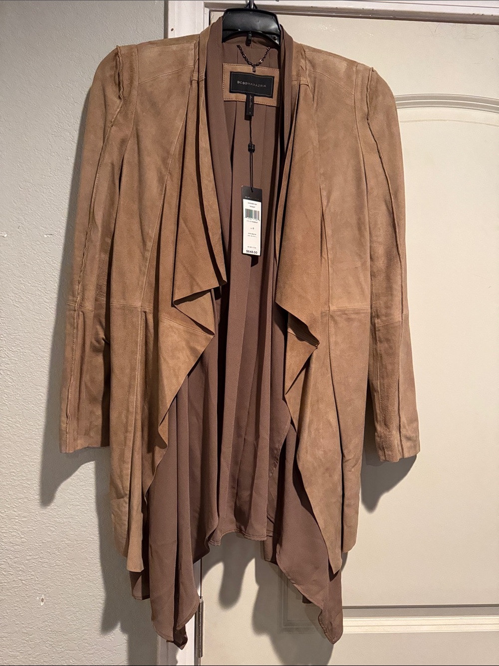 BCBGMaxAzria Tan Suede Waterfall Trench Coat
